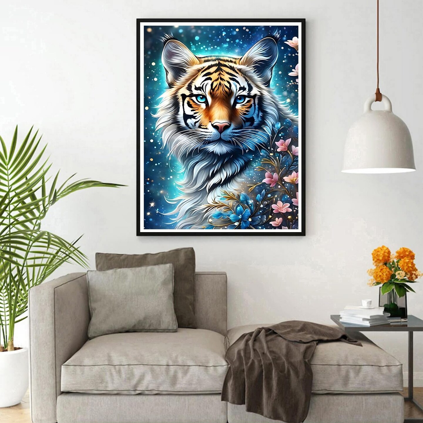Glowing Tiger 5D Diamond Painting Kit for Adults – Full Drill Round Flower Diamond Art for Beginners, DIY Paint with Diamonds Gem Craft, 12x16 Inch