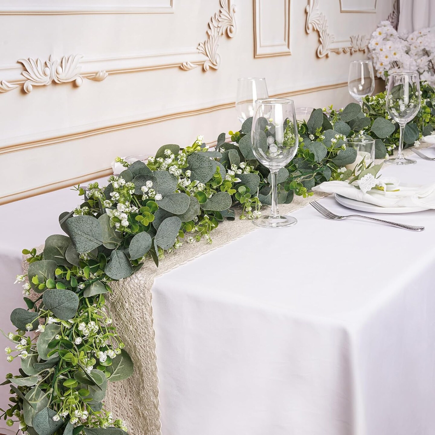 2 Pcs Eucalyptus Garland with White Flowers,5.9FT Artificial Greenery Garland Fake Vines Green Garlands for Wedding Centerpiece Table Party Indoor Outdoor Wall Decor