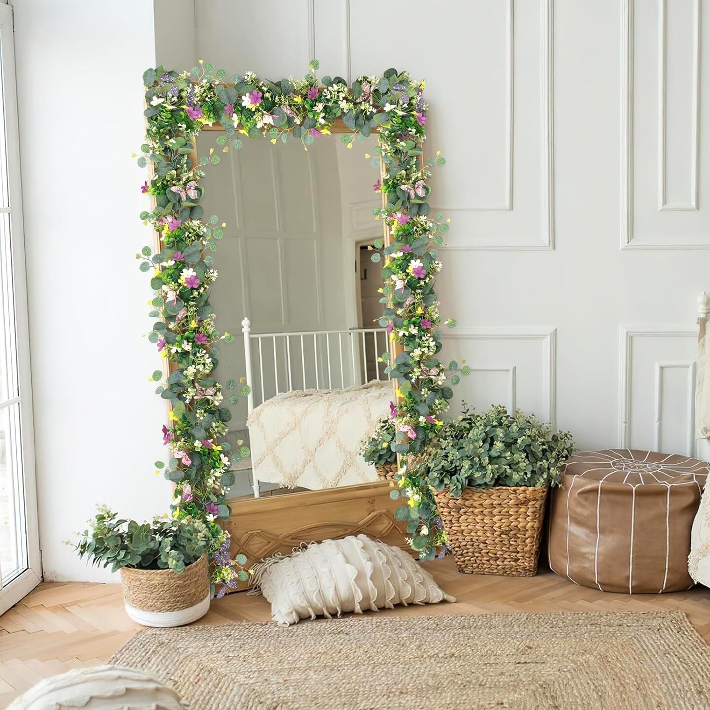 Artificial Daisy Garland with 3D Butterfly, Hanging Fake Flowers Greenery Eucalyptus Garland Floral Vines for Wedding Table Home Party Spring Decor