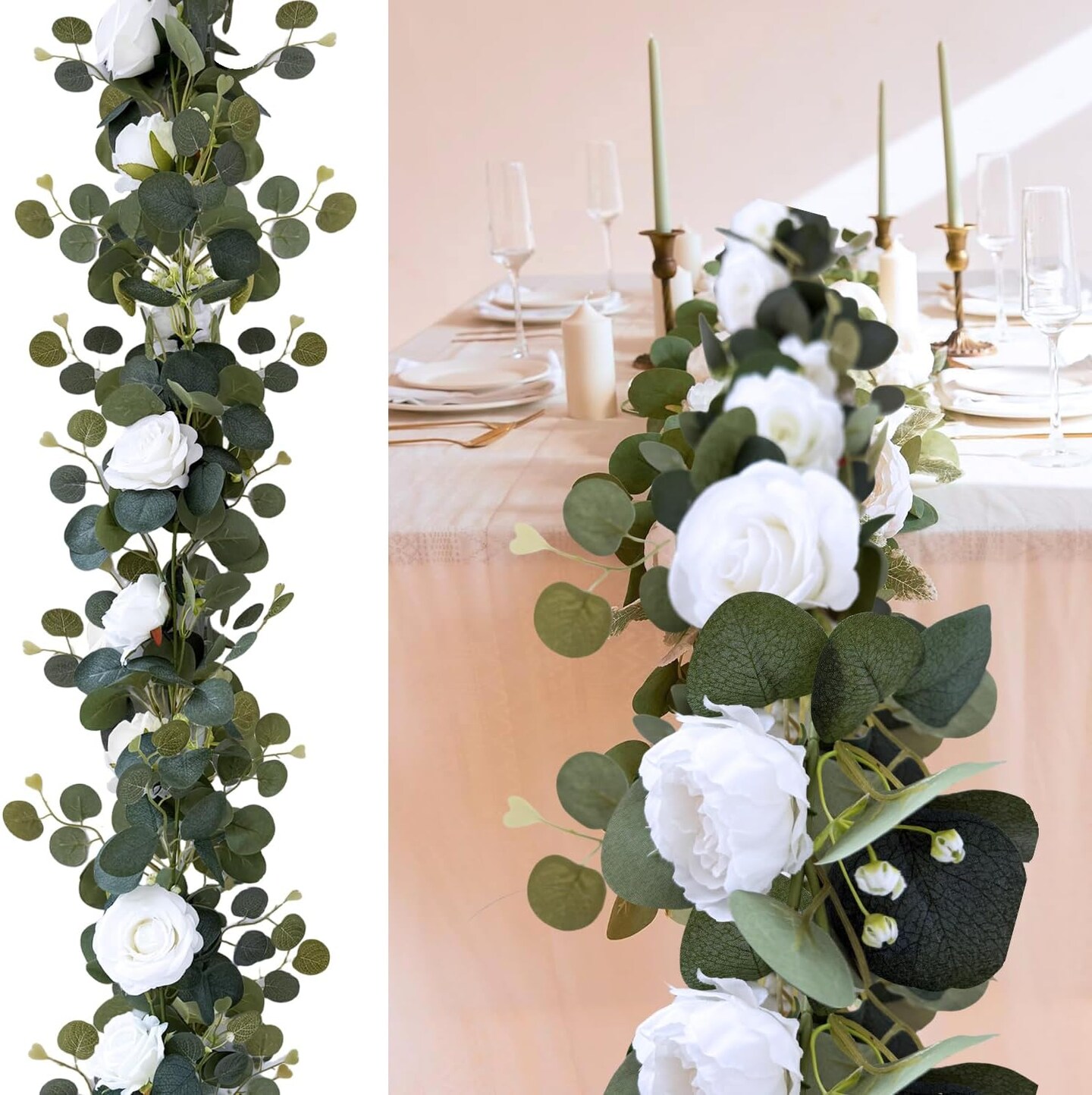 White Flower Garland Artificial Eucalyptus Garland with 14 Rose Flowers, Wedding Arch Flowers Backdrop Faux Plant Fake Rose Vine Party Table Runner Decor Floral Greenery Garlands