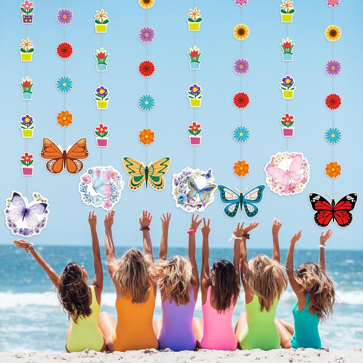8 Pack Spring Flower & Butterfly Hanging Decorations – Floral Butterfly Garland Banner for Home, Classroom, Wedding, Birthday & Spring/Summer Parties