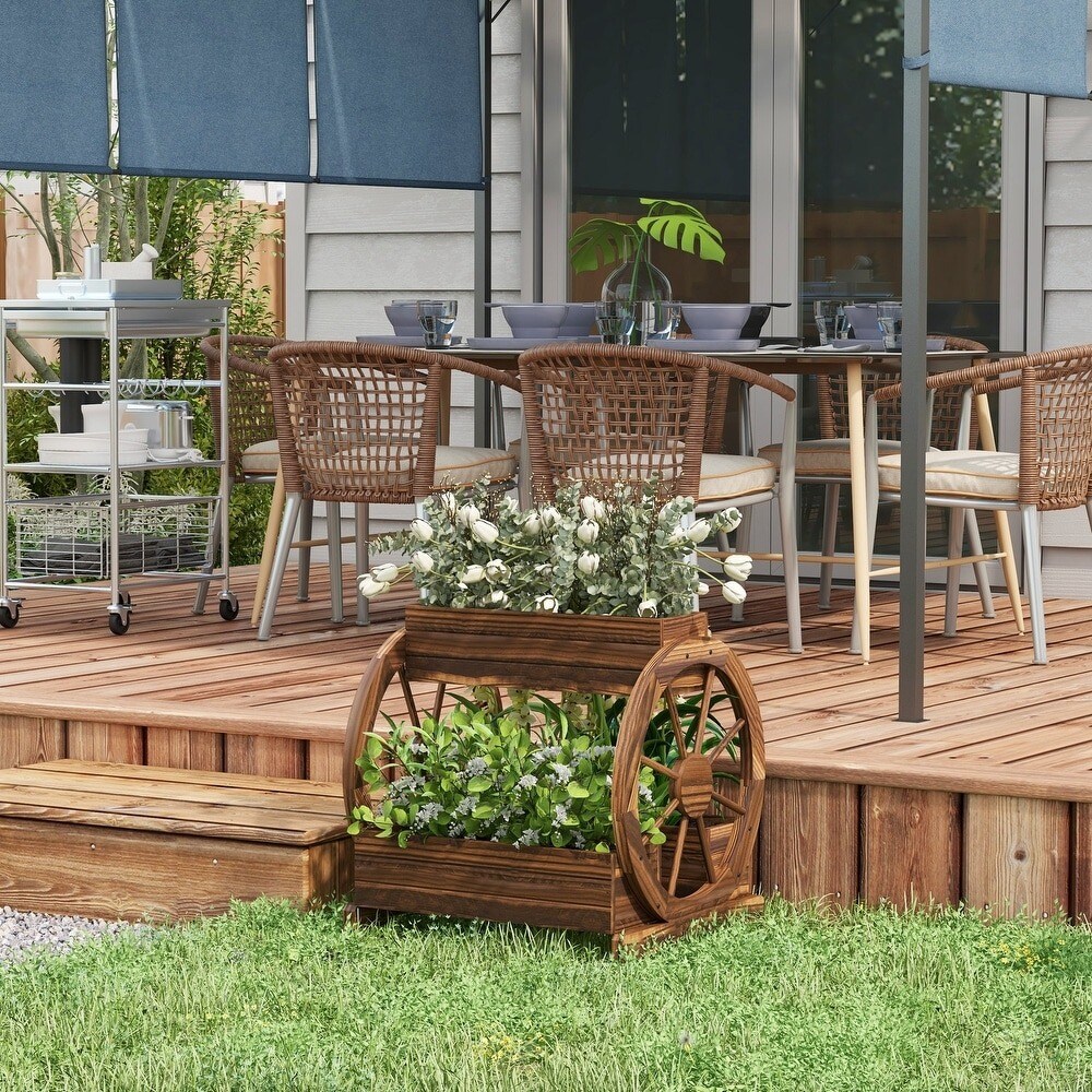 2-Tier Wooden Wagon Planter Bed with Drainage