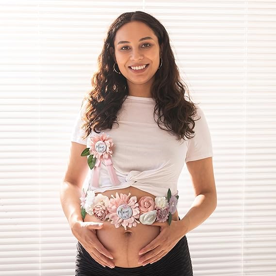 Baby Shower Maternity Sash Belly Belt-Pink Flower Sash Set Mom to Be &#x26; Dad to Be Corsage Pins for Gender Reveal