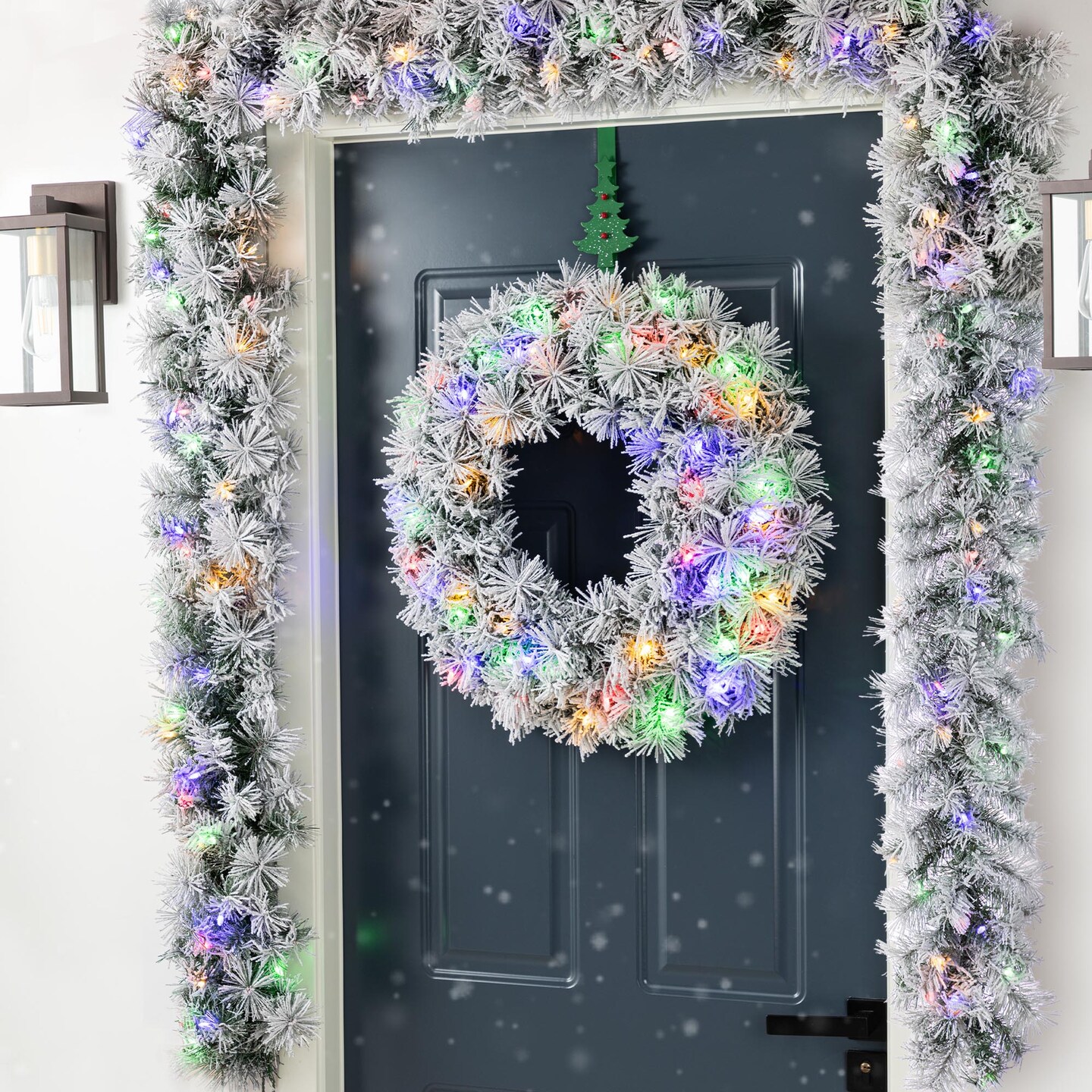 Christmas Snow Flocked Greenery Pine Garland &#x26; Wreath &#x26; Teardrop Set, with Warm White/Multi-color C3 Clear LED Lights and Timer,8 Function