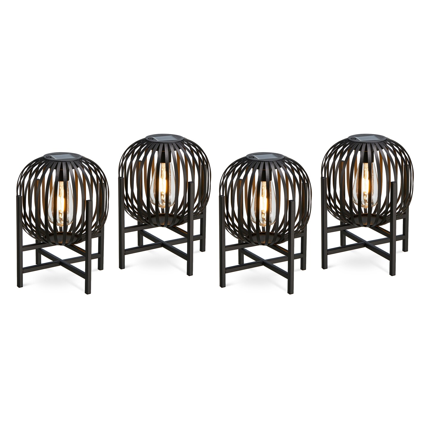 Set of 2/4 Black Metal Stripes Solar Powered Edison Bulb Outdoor Lantern with Stand