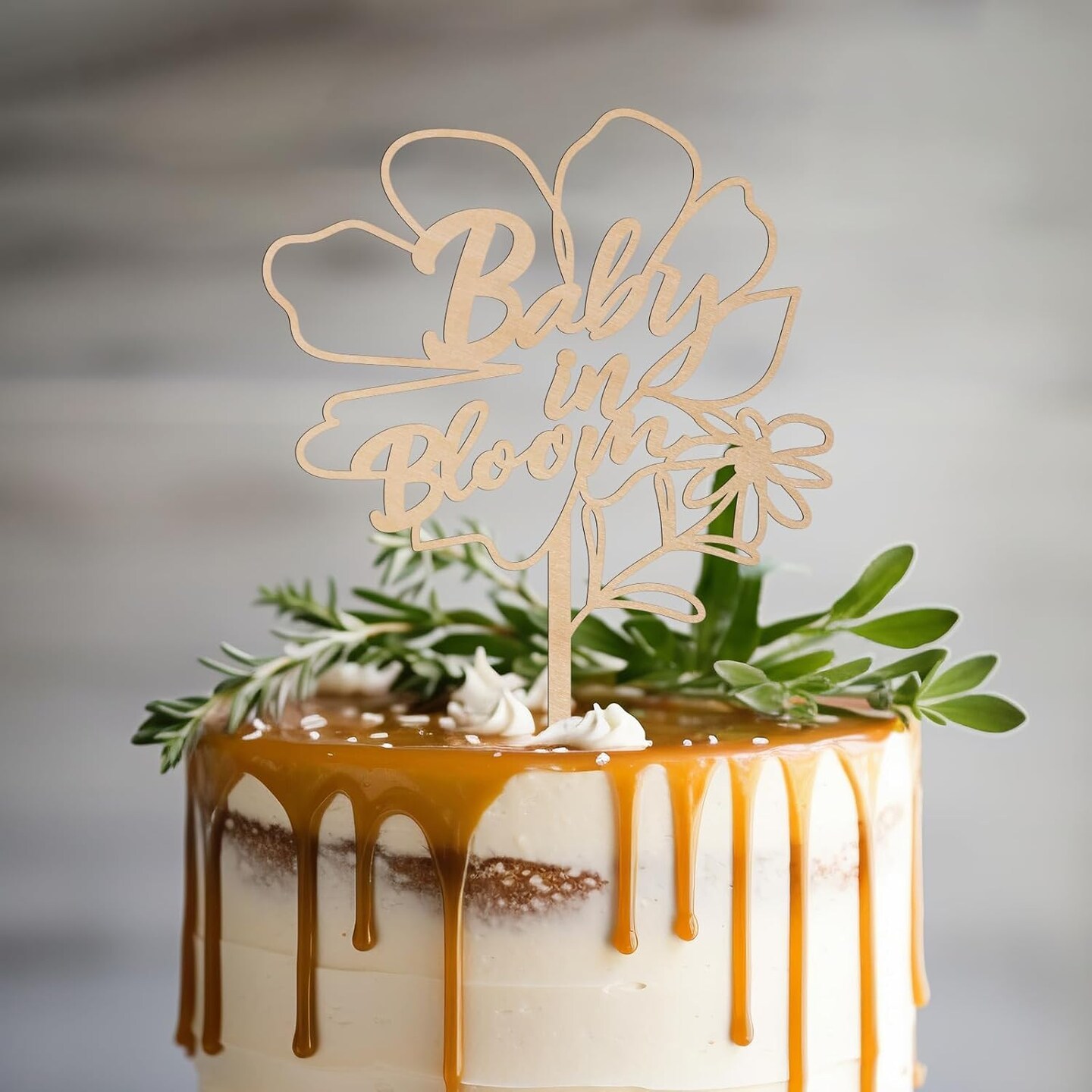 Baby in Bloom Cake Topper in Wood Baby Shower Gender Reveal Party Cake Decoration (Design 02)