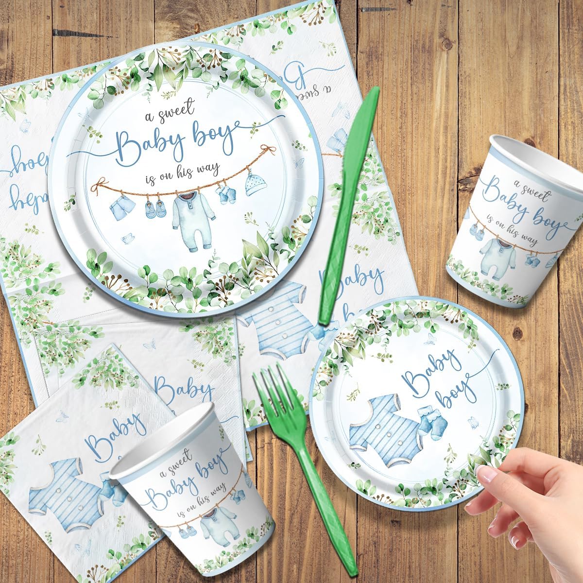 Baby Shower Tableware Set, Watercolor Blue Boy Plates, Napkins, Cups, Tablecloth for Boy Baby Shower Gender Reveal Supplies
