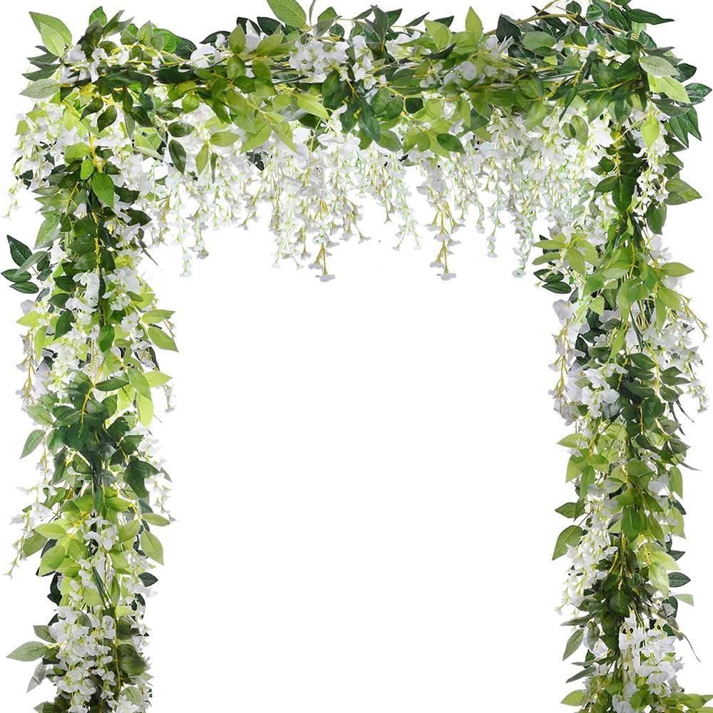 5pack Flower Garland Artificial Wisteria Garland Vines Faux Wisteria Vine Fake Hanging Flowers for Wedding Floral Decor-Total 33ft (White)