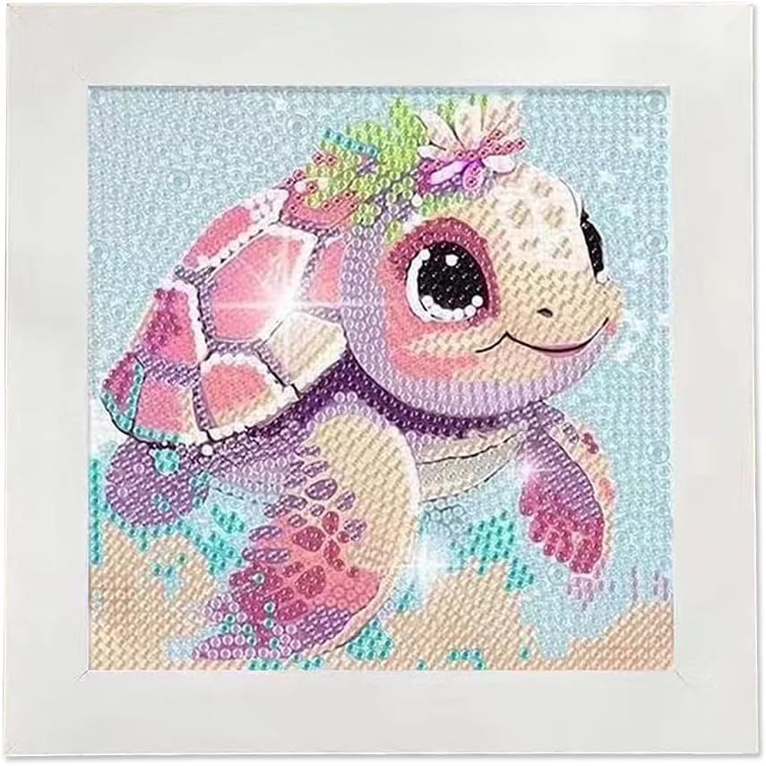 Cute 5D Diamond Art Kits with Wooden Frame, Kawaii DIY Painting Art for Adults Kids, Diamond Arts and Crafts Sets, Big Gem Full Drill Diamond Dots for Women (Turtle)