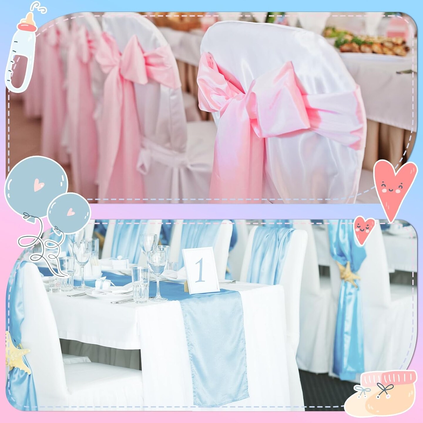 12 Pcs Pink Blue Table Runner, 72 Inch Satin Table Runner for Baby Shower, Gender Reveal, New Year, Valentines Day, Wedding Banquet, Birthday Party