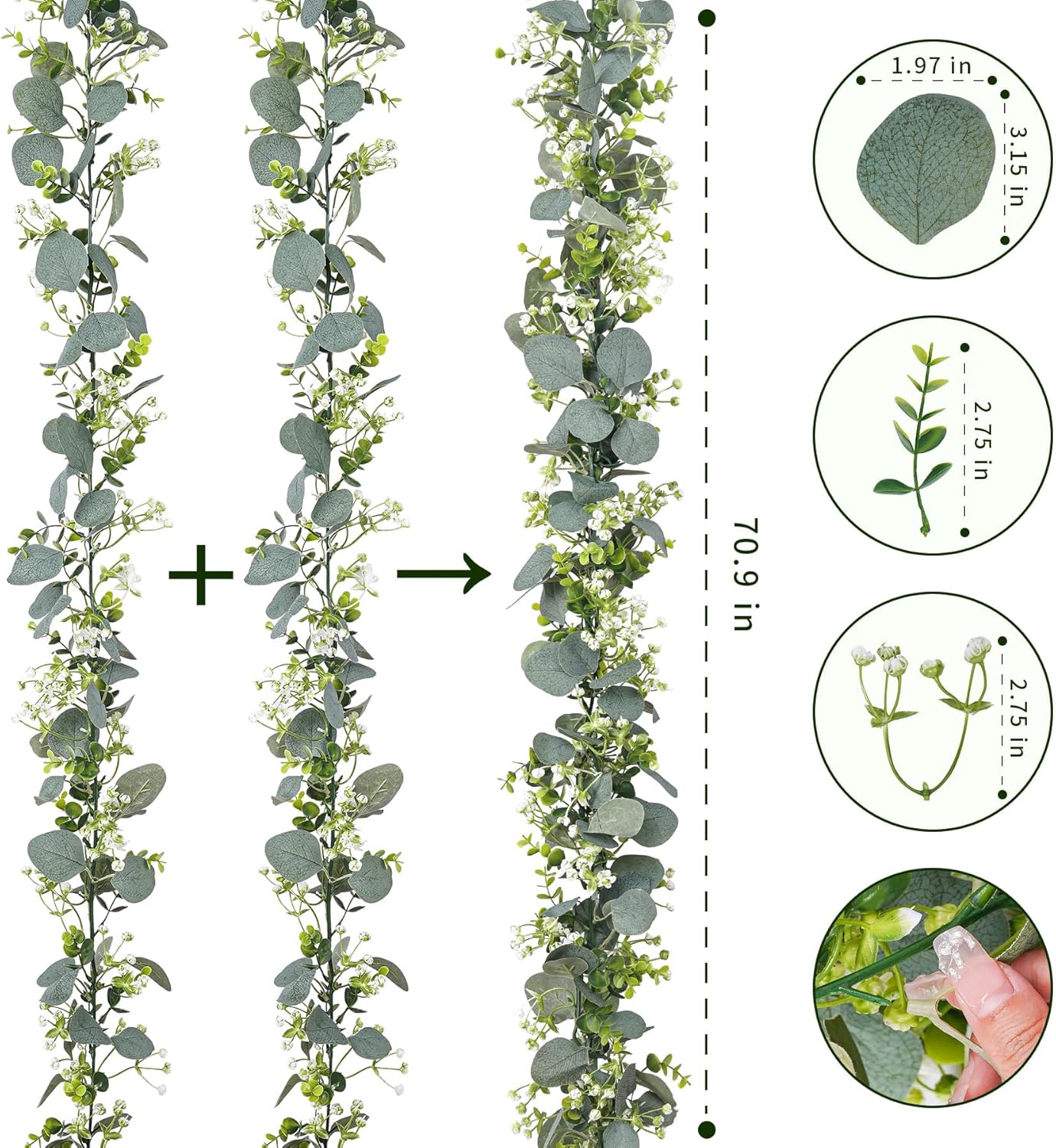 2 Pcs Eucalyptus Garland with White Flowers,5.9FT Artificial Greenery Garland Fake Vines Green Garlands for Wedding Centerpiece Table Party Indoor Outdoor Wall Decor