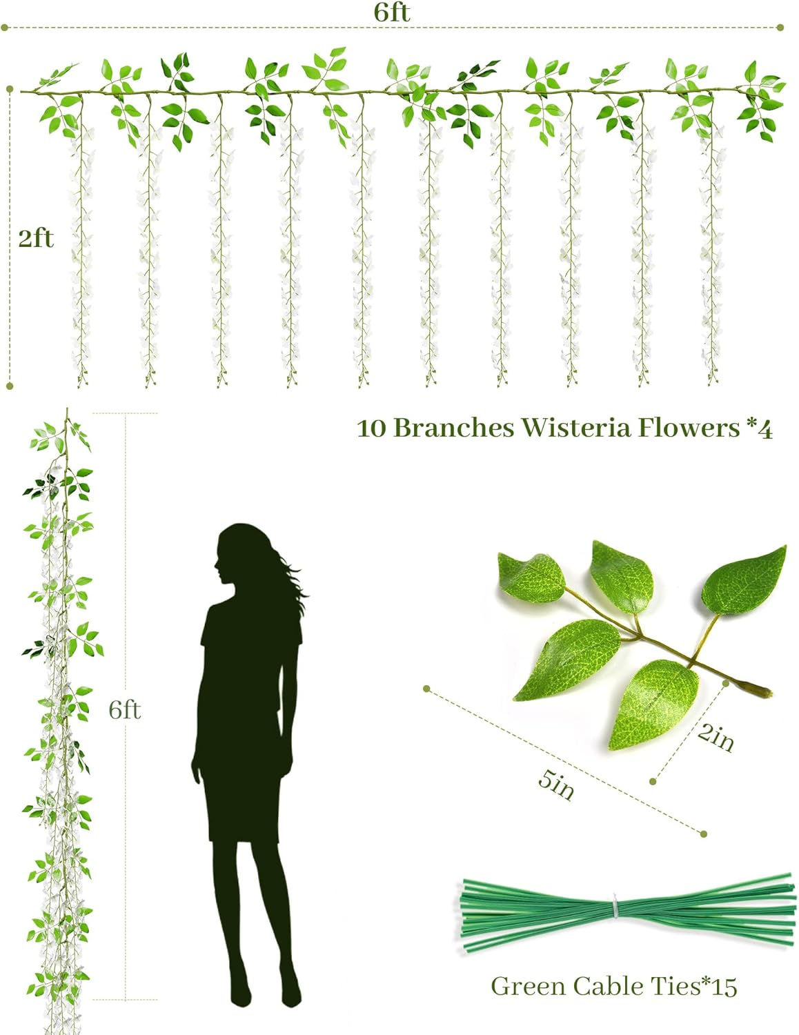 40 Branches Wisteria Hanging Flowers 6 Feet Artificial White Vine Silk Wisteria Flowers Garland for Wedding Arch Party Garden Home Decor (4 Packs)