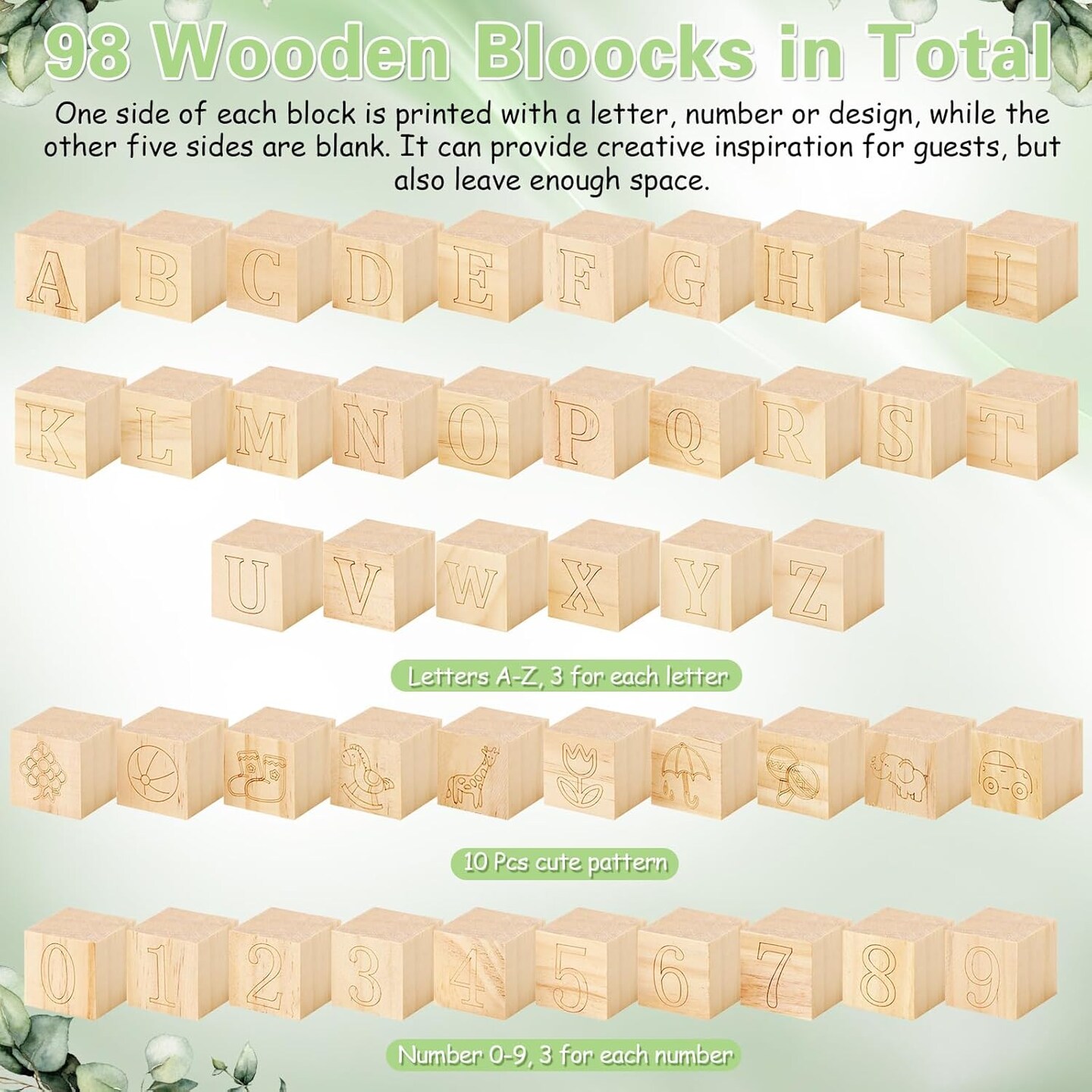 136 Pcs Baby Shower Blocks to Decorate Game Kit Includes 98 Wooden Blocks, 36 Markers, 1 Game Sign, 1 Storage Box for Baby Shower Gender Reveal Activity Party Decorations(Leaf)