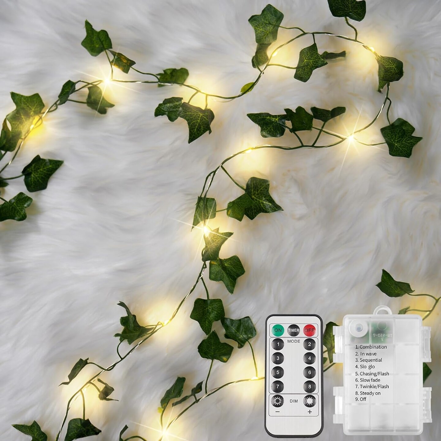 33 ft Ivy Vine String Lights with 100 LED – Battery-Operated Fairy Lights with Remote, Warm White Leaf Lights for Bedroom, Wall, Garden, Party & Wedding Décor