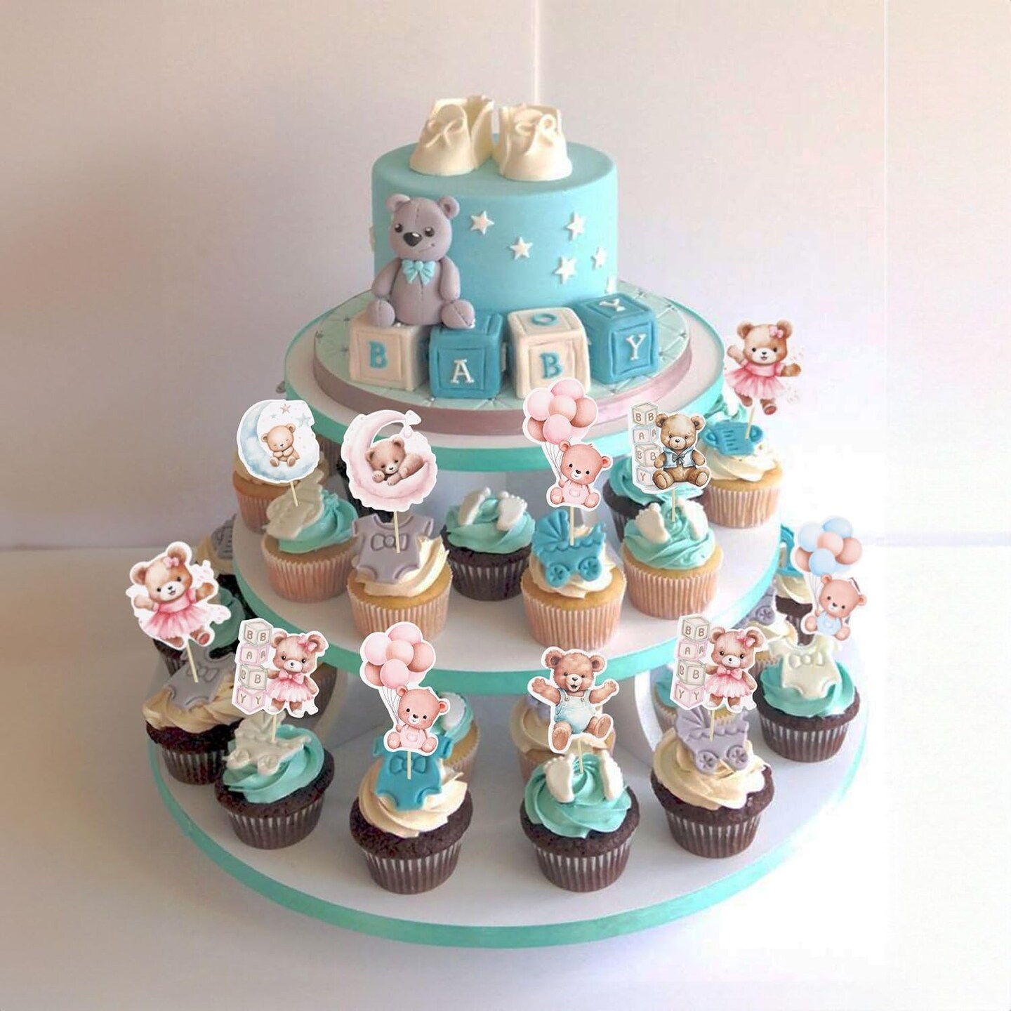 32Pcs Bear Cupcake Toppers Moon Baby Shower Cake Topper Decorations Jungle Animal Theme Birthday Party Cake Supplies Blue Pink