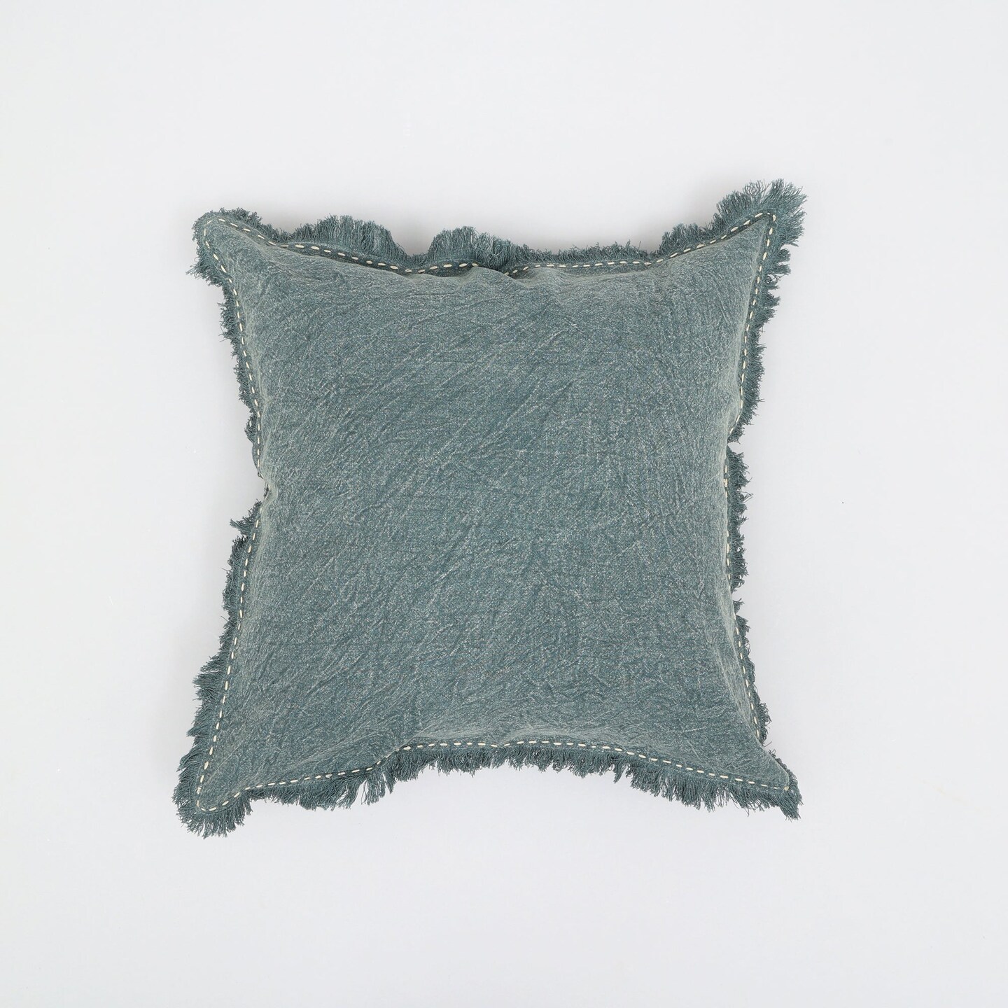 Stonewashed Linen Throw Pillow with Handworked Edges &#x26; Fringe - 22&#x22; x 22&#x22;