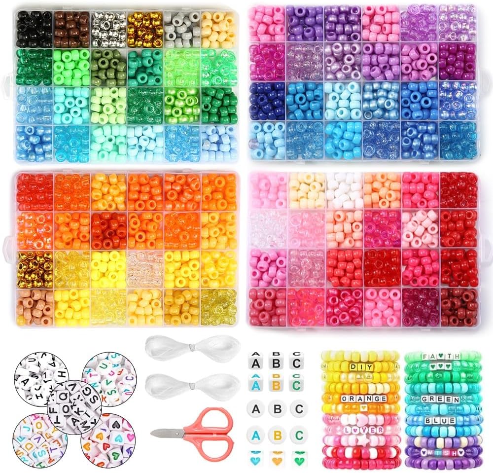 3200 Pcs 6 * 9mm Pony Beads Bulk in 96 Colors - Friendship Bracelet Making Kit with 2400 Plastic Beads & 800 Letter Beads in 4 Storage Boxes with 2X Strings & Scissor