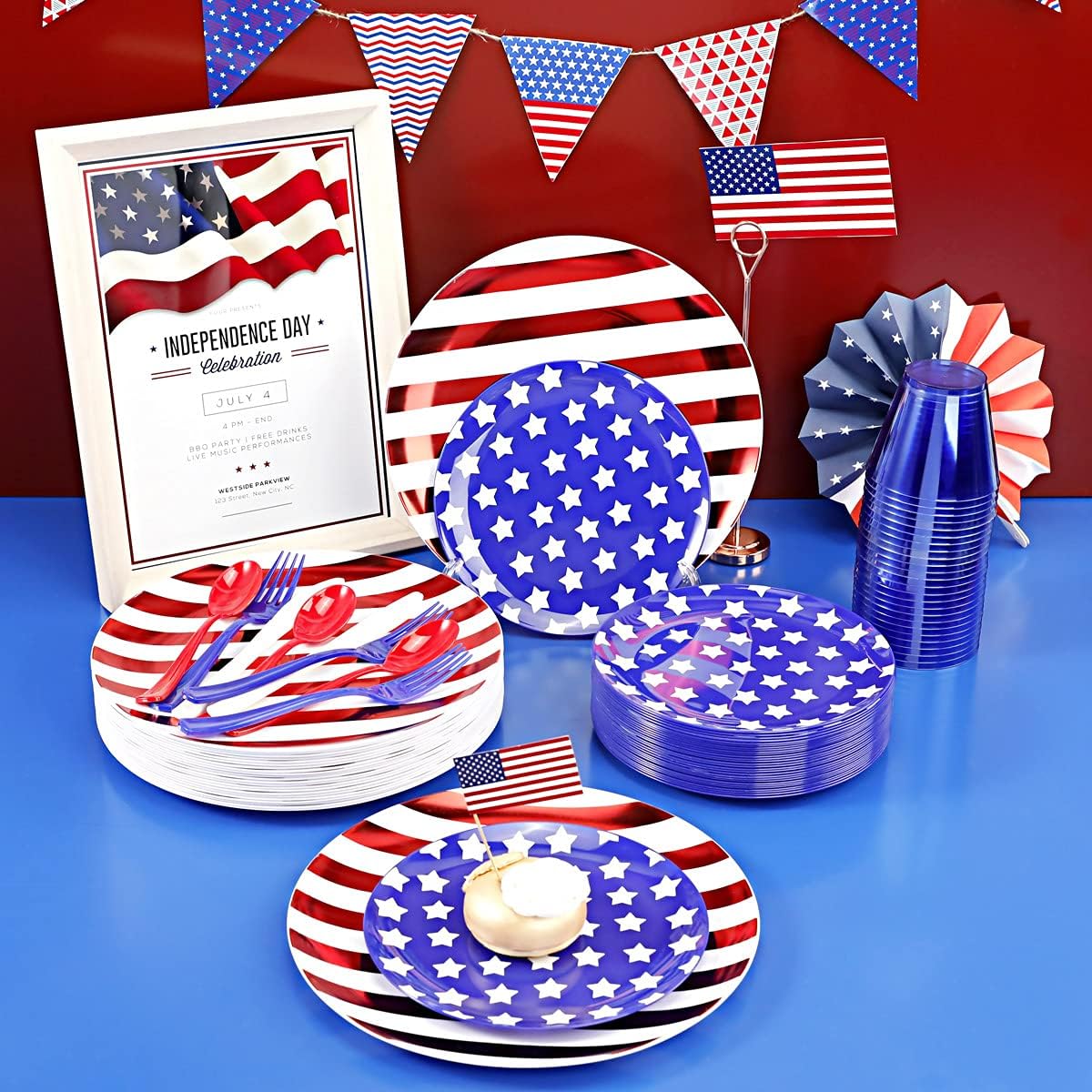 150PCS 4th of July Plates & Red White Blue Disposable Plastic Silverware &Clear Blue Cups-American Flag Patriotic Party Supplies for Memorial Day/Independence Day/Veterans Day