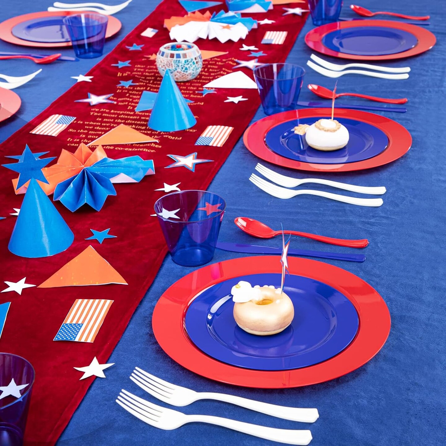 150pcs 4th of July Party Supplies – Plates, Cutlery & Clear Cups (Red Blue White)