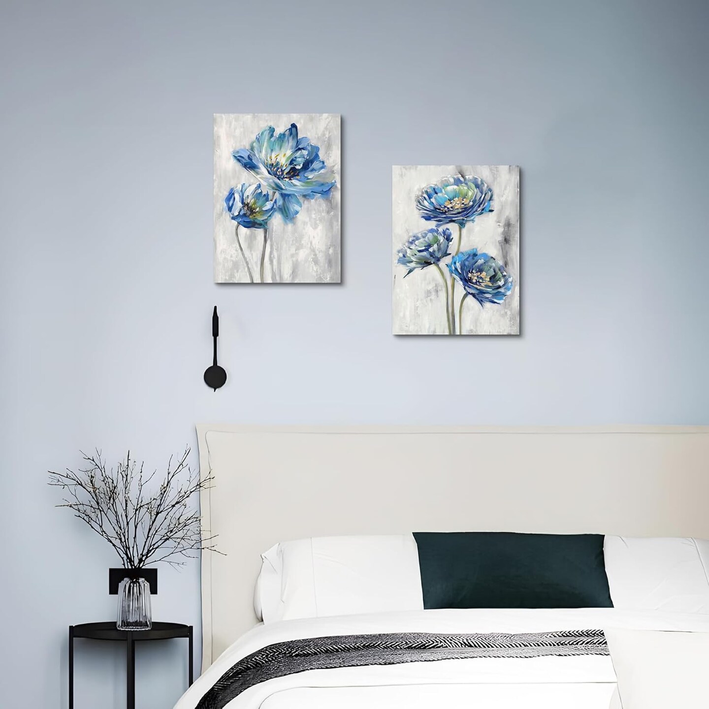 Blue Flower Canvas Wall Art: Bathroom Bedroom Abstract Lotus (2 Piece Modern Botanical Nature )