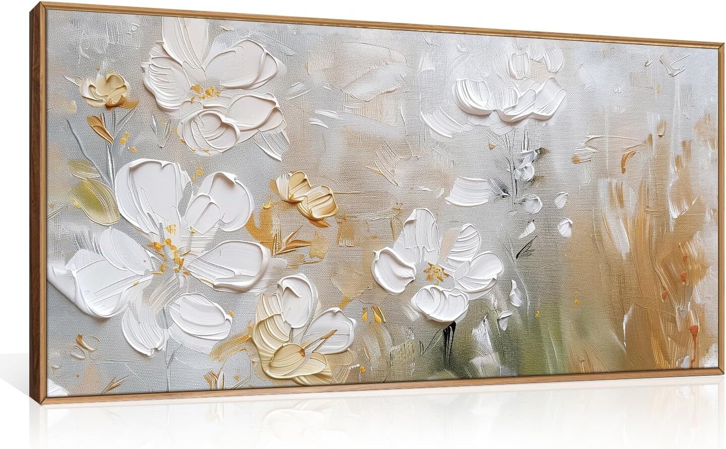 Large Hand-Painted White Flower Framed Wall Art Modern White and Gold Floral (20"x40)