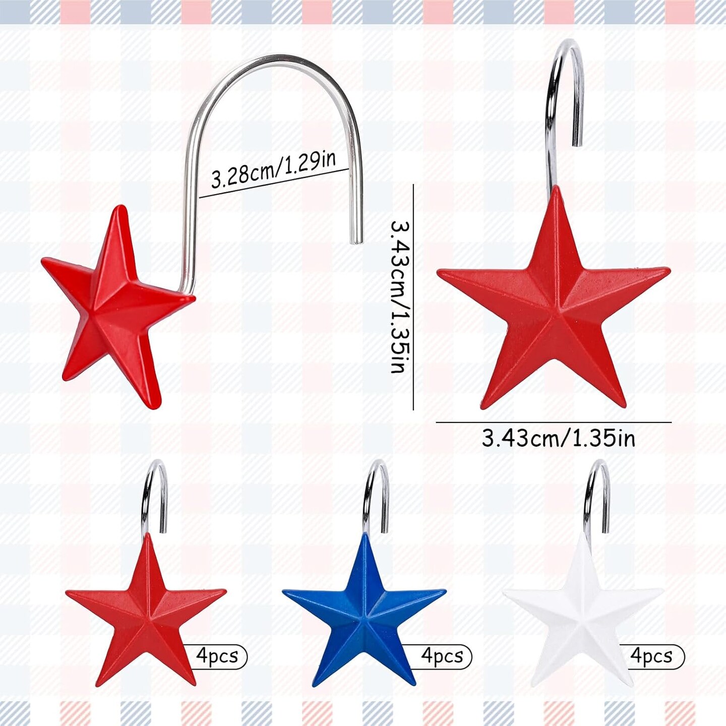 12Pcs Patriotic Stars Shower Curtain Hooks 4th of July Independence Day Decorative(Red, White, and Blue)