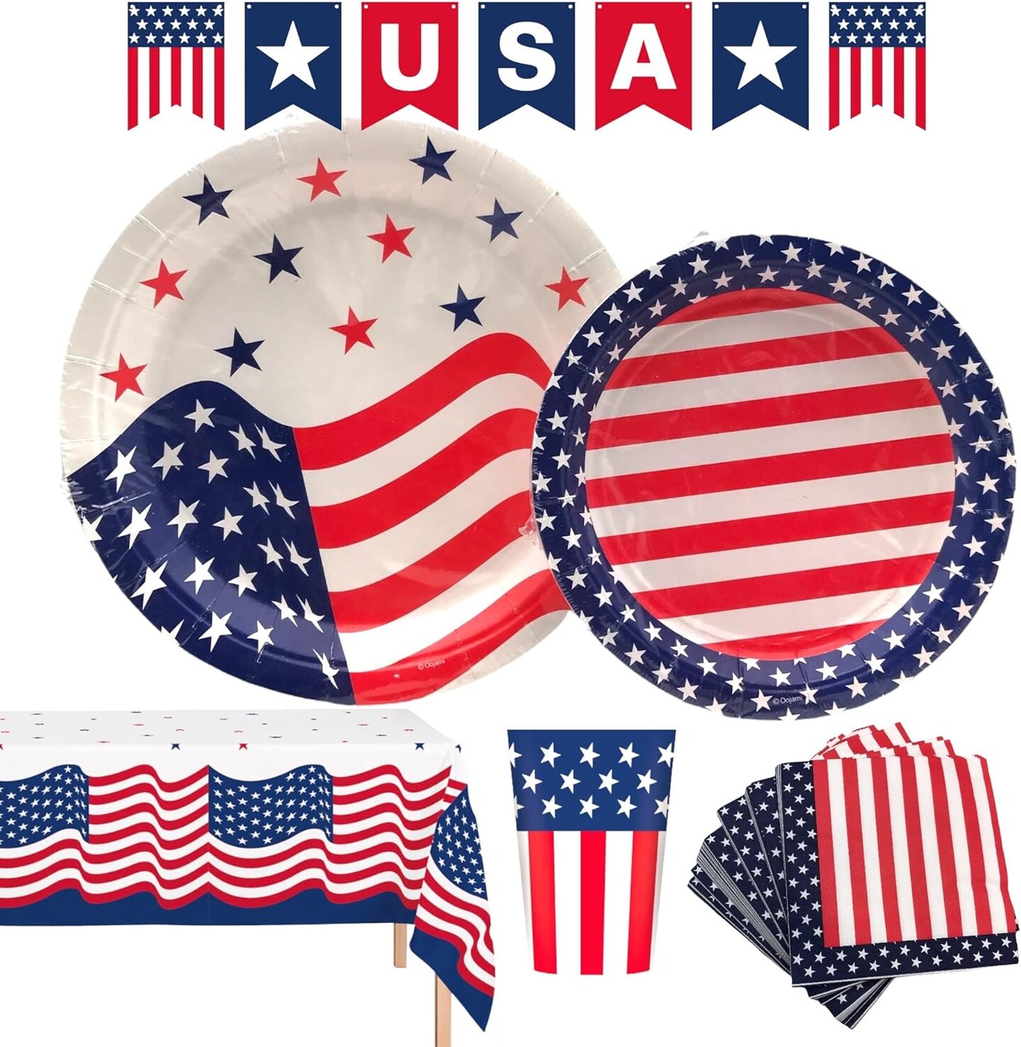 4th of July Party Set for 18 – Plates, Cups, Napkins, Table Cover & Banner, USA Flag BBQ Decor
