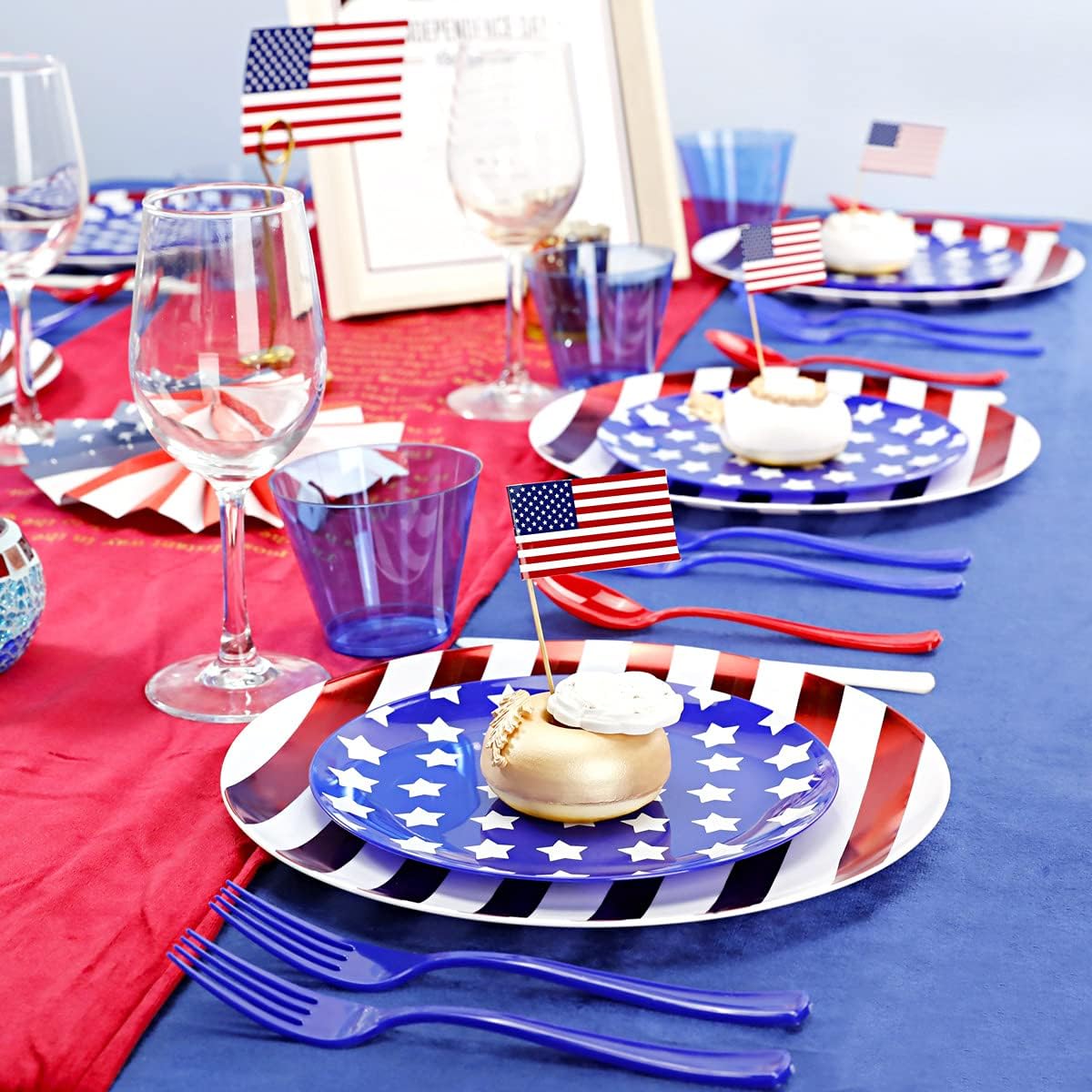 150PCS 4th of July Plates & Red White Blue Disposable Plastic Silverware &Clear Blue Cups-American Flag Patriotic Party Supplies for Memorial Day/Independence Day/Veterans Day