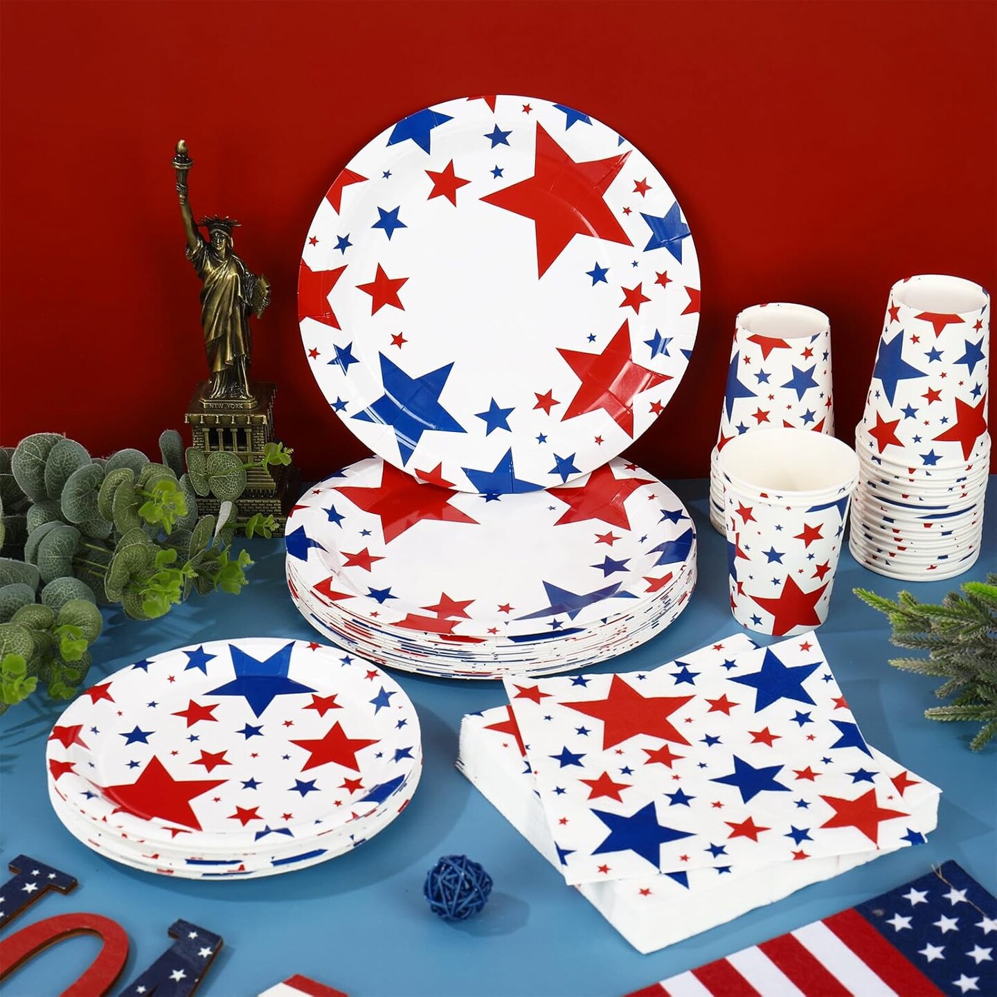 96PCS Patriotic Tableware Set – Plates, Cups, Napkins – 4th of July Decor for 24 Guests