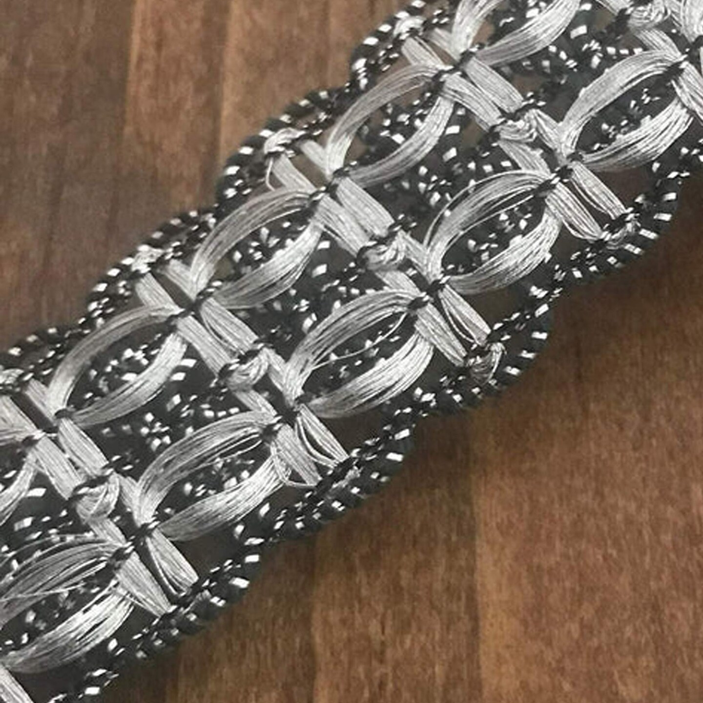1&#x22; Gunmetal &#x26; Silver Metallic Lace Gimp Trim &#x2013; Pull-Through Threading Decorative Upholstery Braid