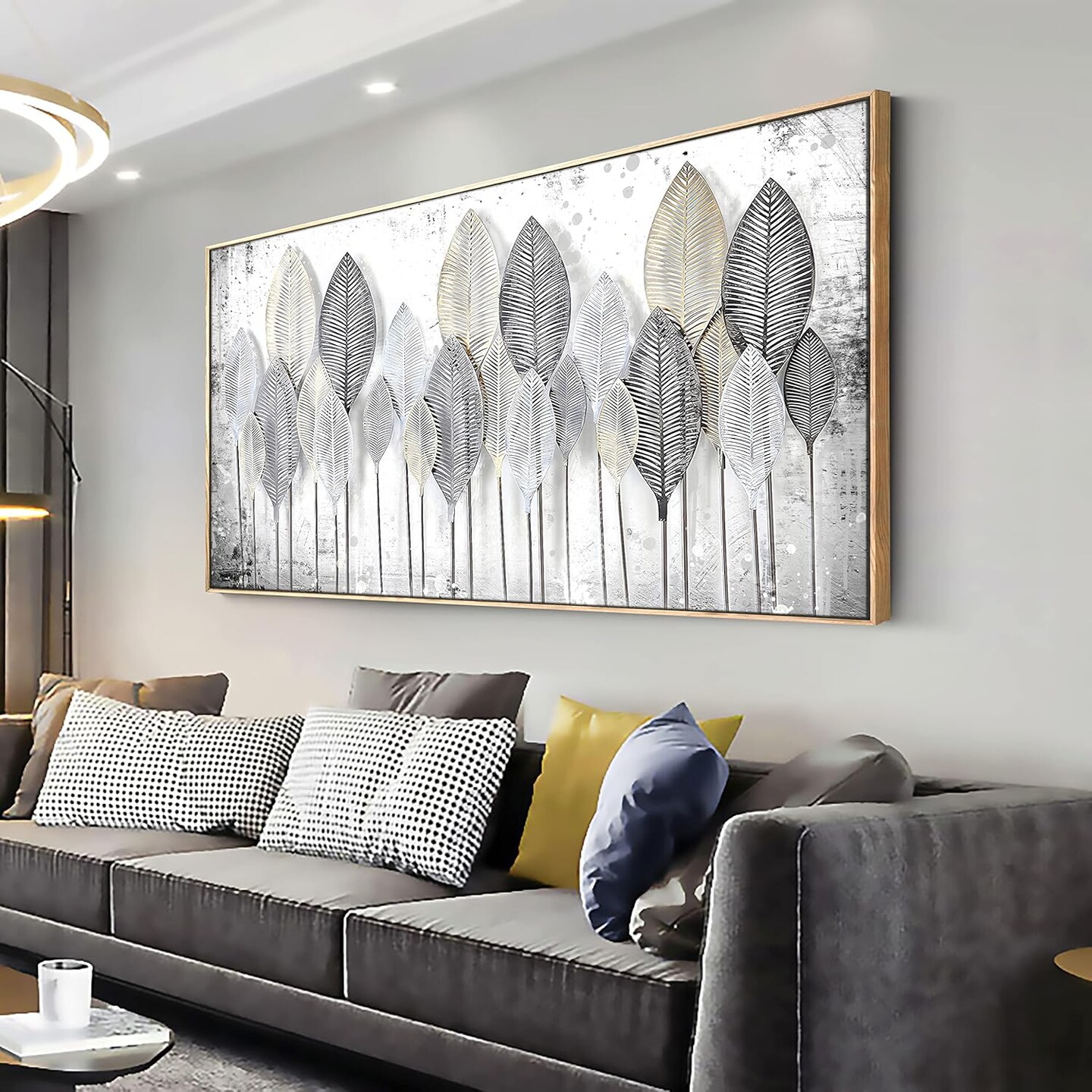 Wall Art Light modern Abstract Canvas wall art Black and white leaves (30&#x22;x60&#x22; with Framed)