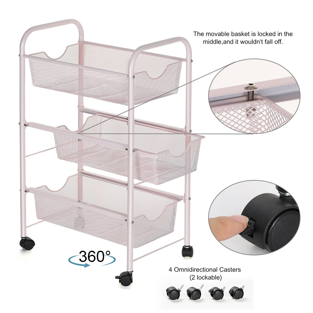 3-Tier Rolling Metal Storage Basket Cart – Mesh Utility Organizer with Wheels, Kitchen & Pantry Fruit Vegetable Rack, Bathroom & Office Storage