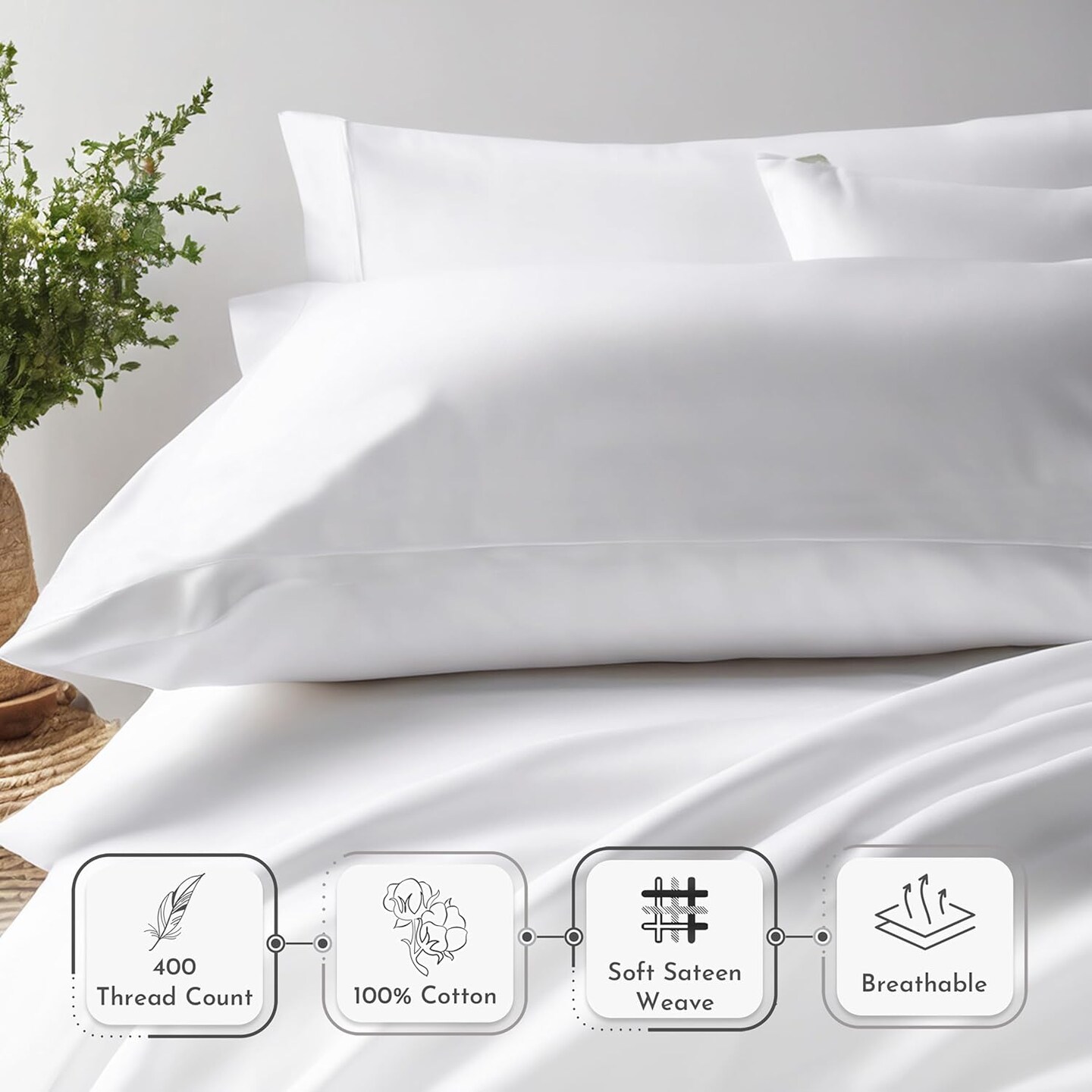 King Size Pillowcase Set - 400 Thread Count, 100% Cotton Sateen, Luxury Set of 2 Pillow Covers, Breathable, Cooling