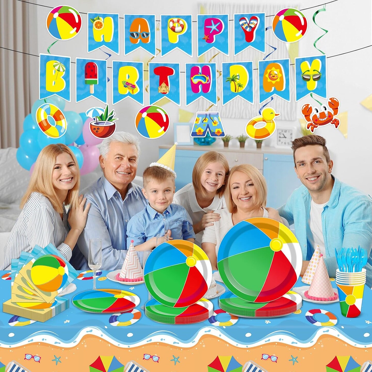 184pcs Summer Beach Ball Party Supplies Set Includes Plates Napkins Cups Tablecloth Swirls Banner Tableware Kit Dispose Summer Pool Birthday Decorations