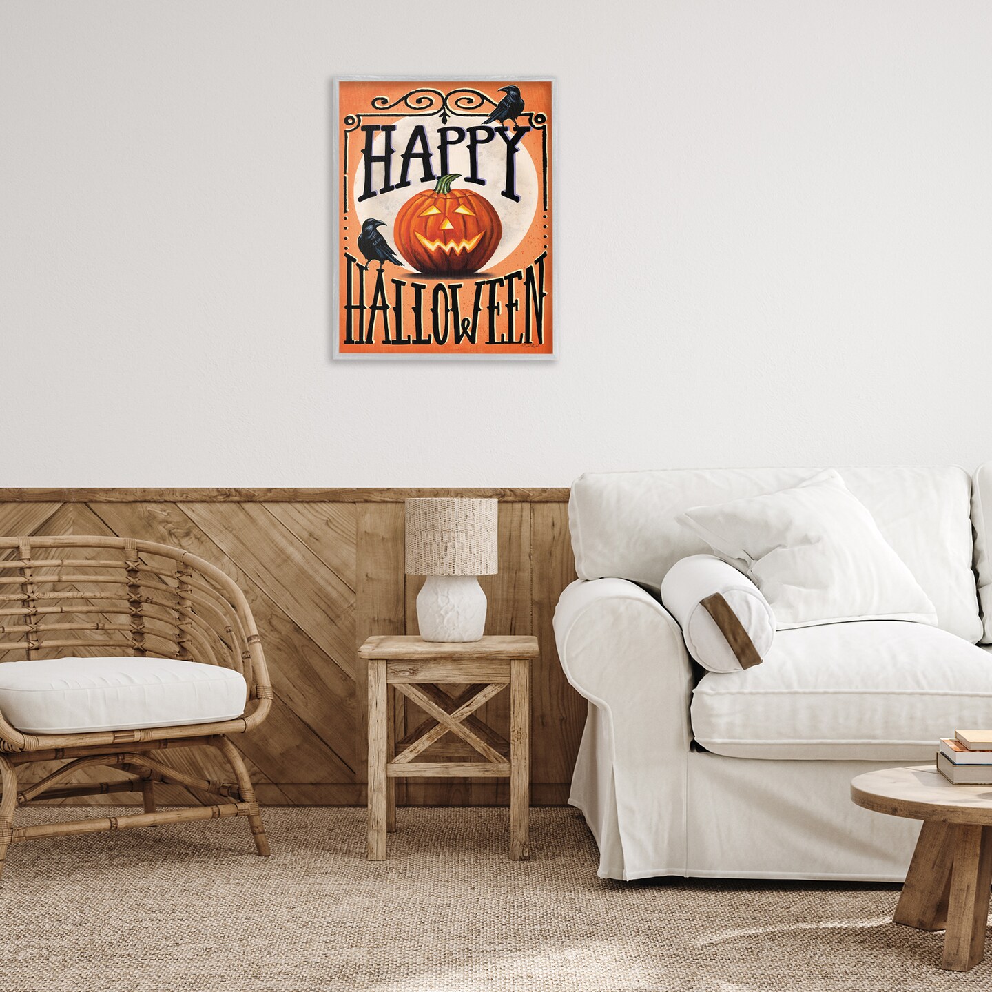 Stupell Industries Happy Halloween with Crows Framed Giclee Design by Elizabeth Tyndall