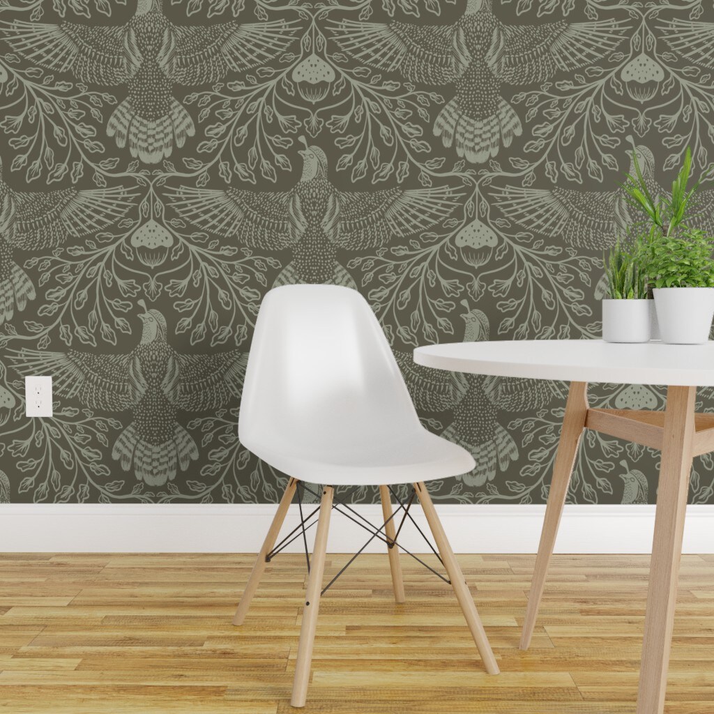 Pre-Pasted Wallpaper 2FT Wide Autumnal Nature Forest Woodland Traditional Cabincore Lodge Acorn Game Bird Quail Leaves Trees Wingspan Autumn Winter Green Large Scale Rustic Custom Pre-pasted Wallpaper by Spoonflower