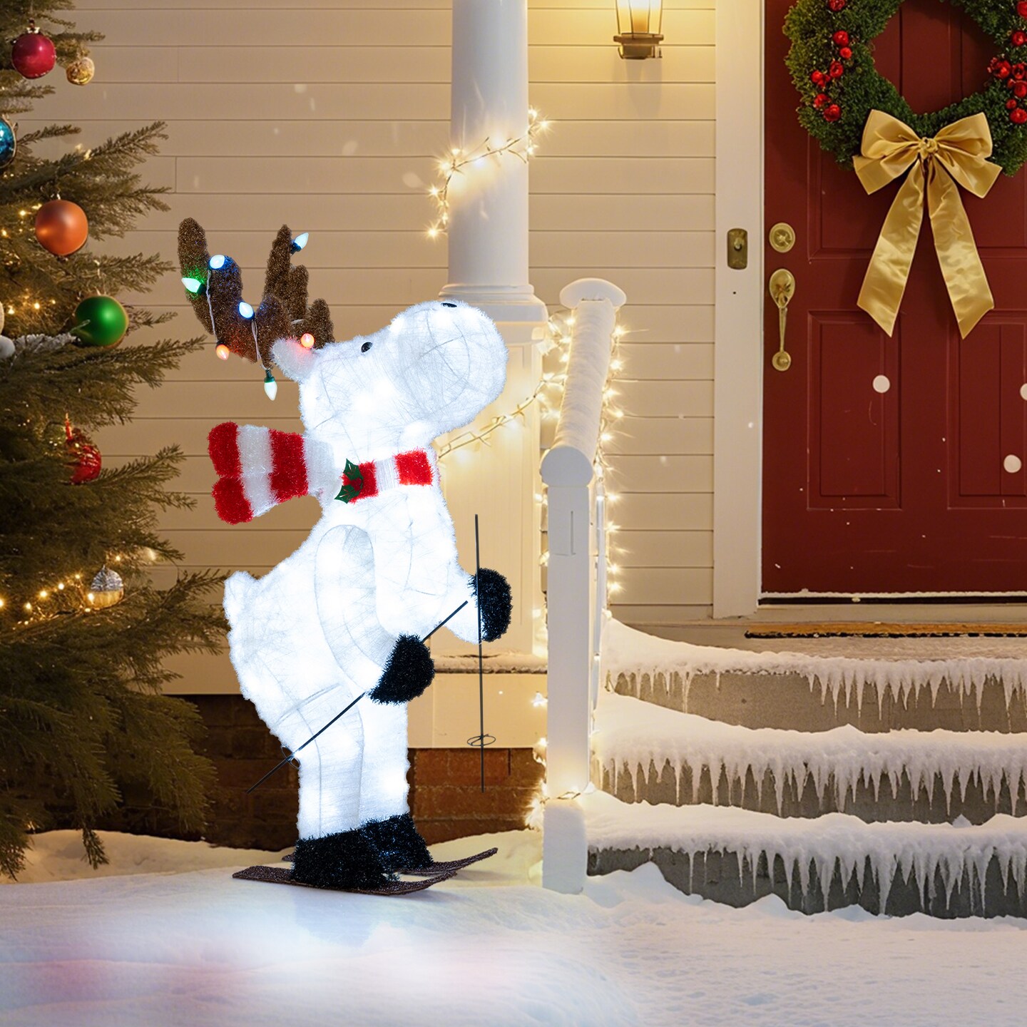 White LED Fabric and Metal Animated Reindeer with Skiing Arms
