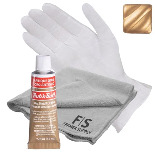 Rub n Buff Metallic Wax with Cotton Glove and 8" x 8" Cloth - Gilding Wax for a Smooth Adjustable Gloss Finish - Single 0.5oz/15ml Tube (Antique Gold)