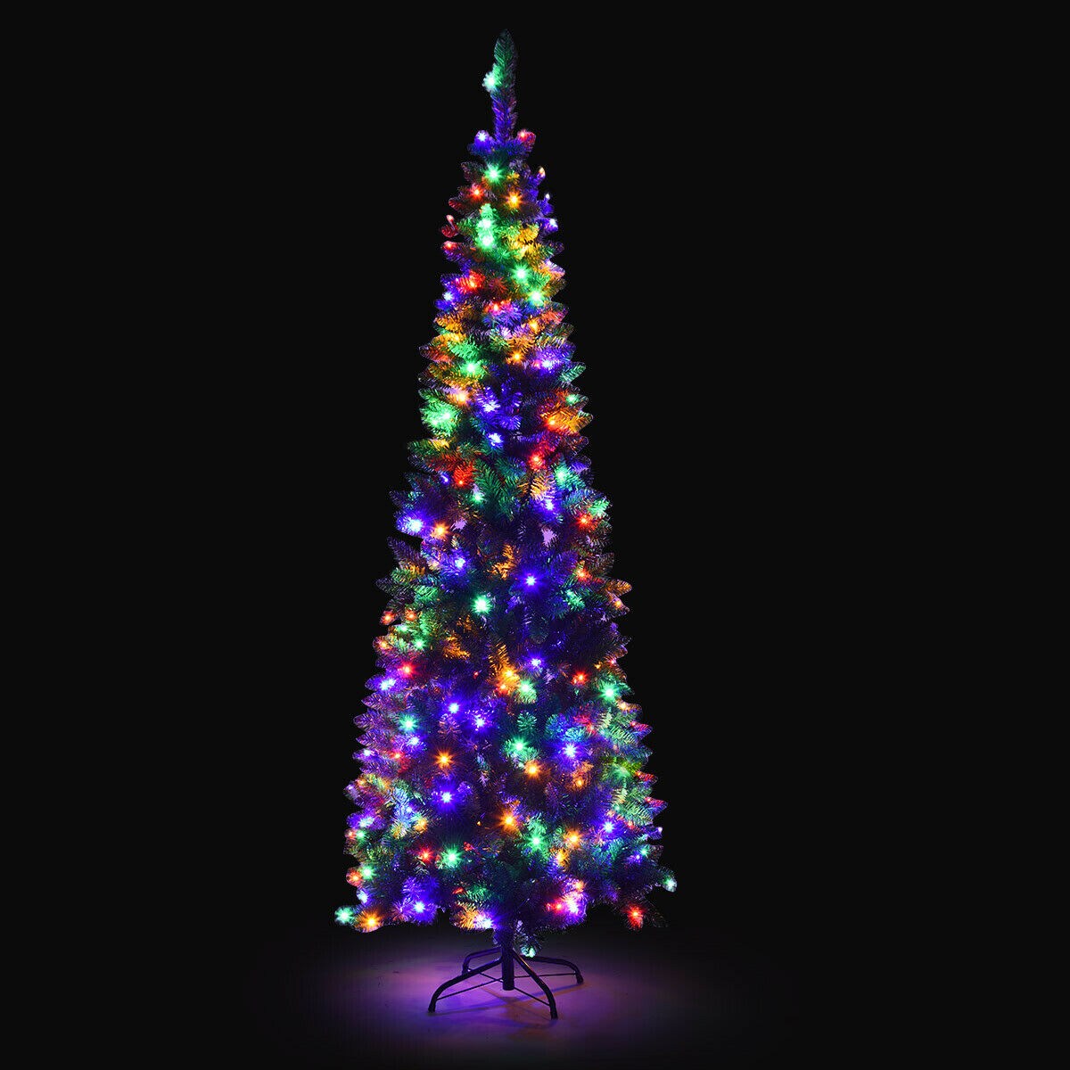 Green PVC Pencil Christmas Tree with LED Lights, Iron Stand and Hinged Design