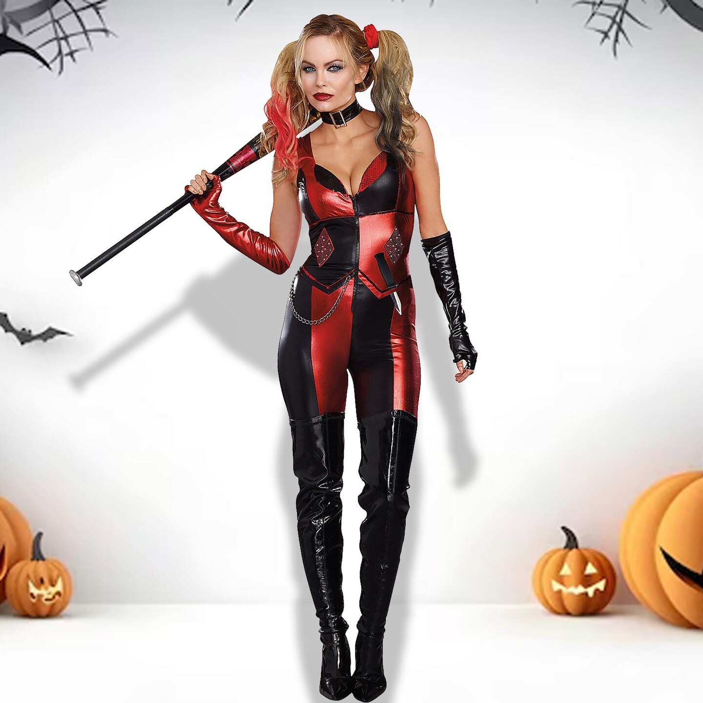 Womens Harlequin Blaster Costume Harley Quinn Metallic Jumpsuit With Accessories