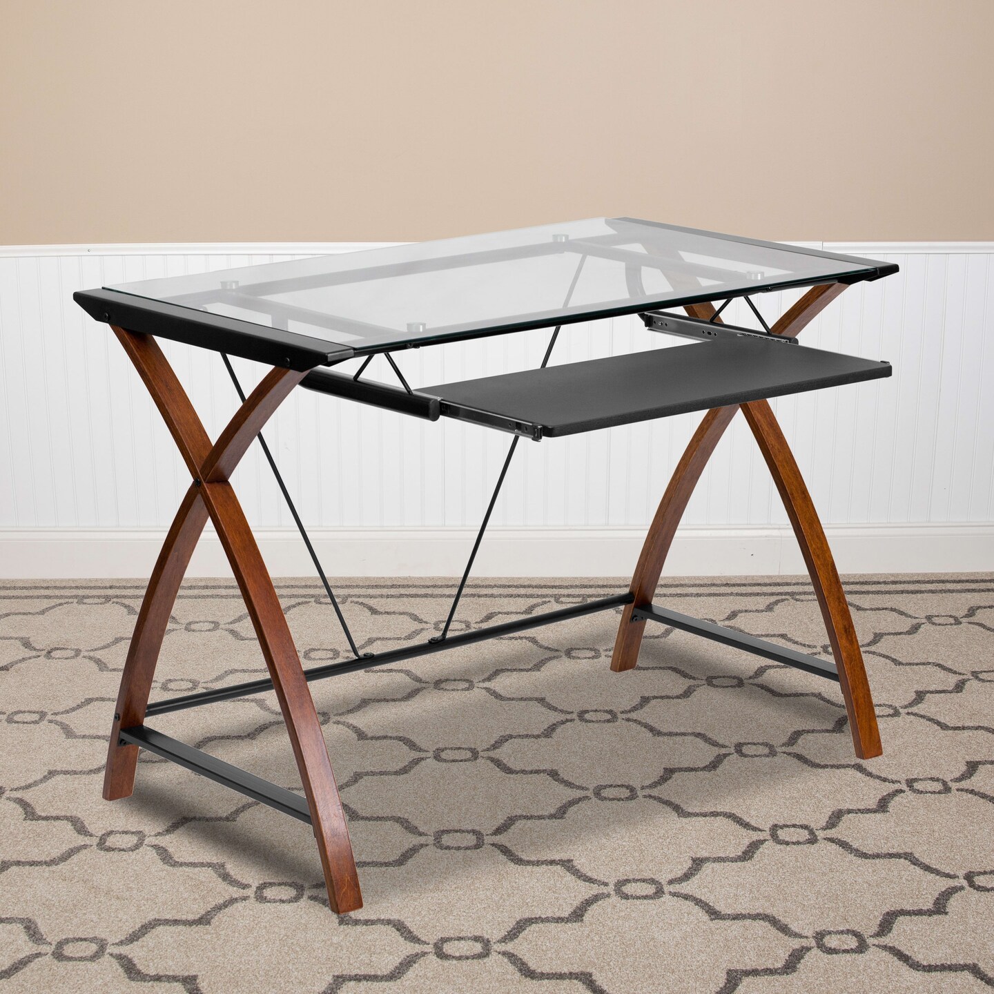 Emma and Oliver Glass Computer Desk-Pull-Out Keyboard Tray & Crisscross Frame