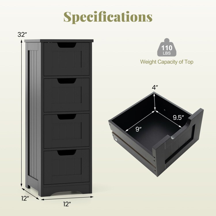 Black 4 Drawer Storage Cabinet MDF Freestanding Floor Organizer with Cutout Handles for Bedroom