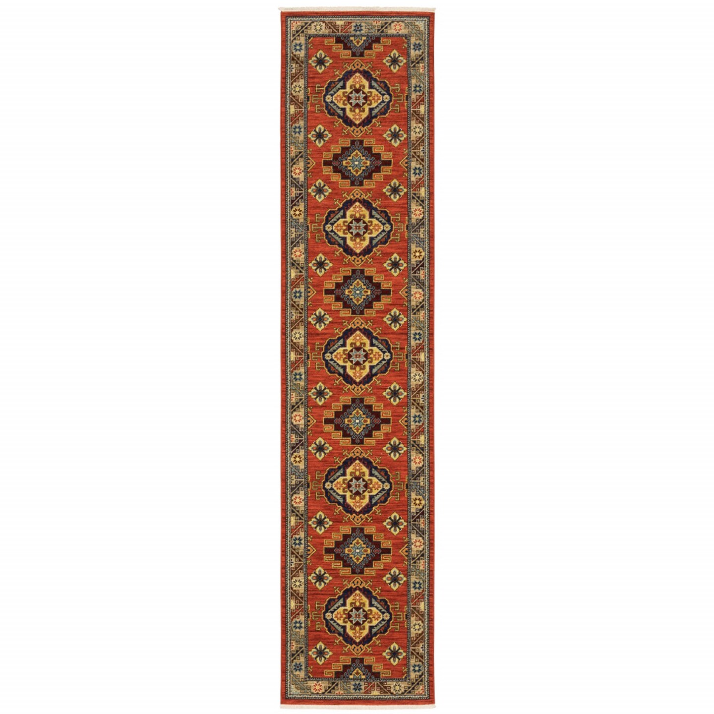 Edge Collections - 12' - Red - Oriental Design Runner Rug with Fringe - 1 Piece