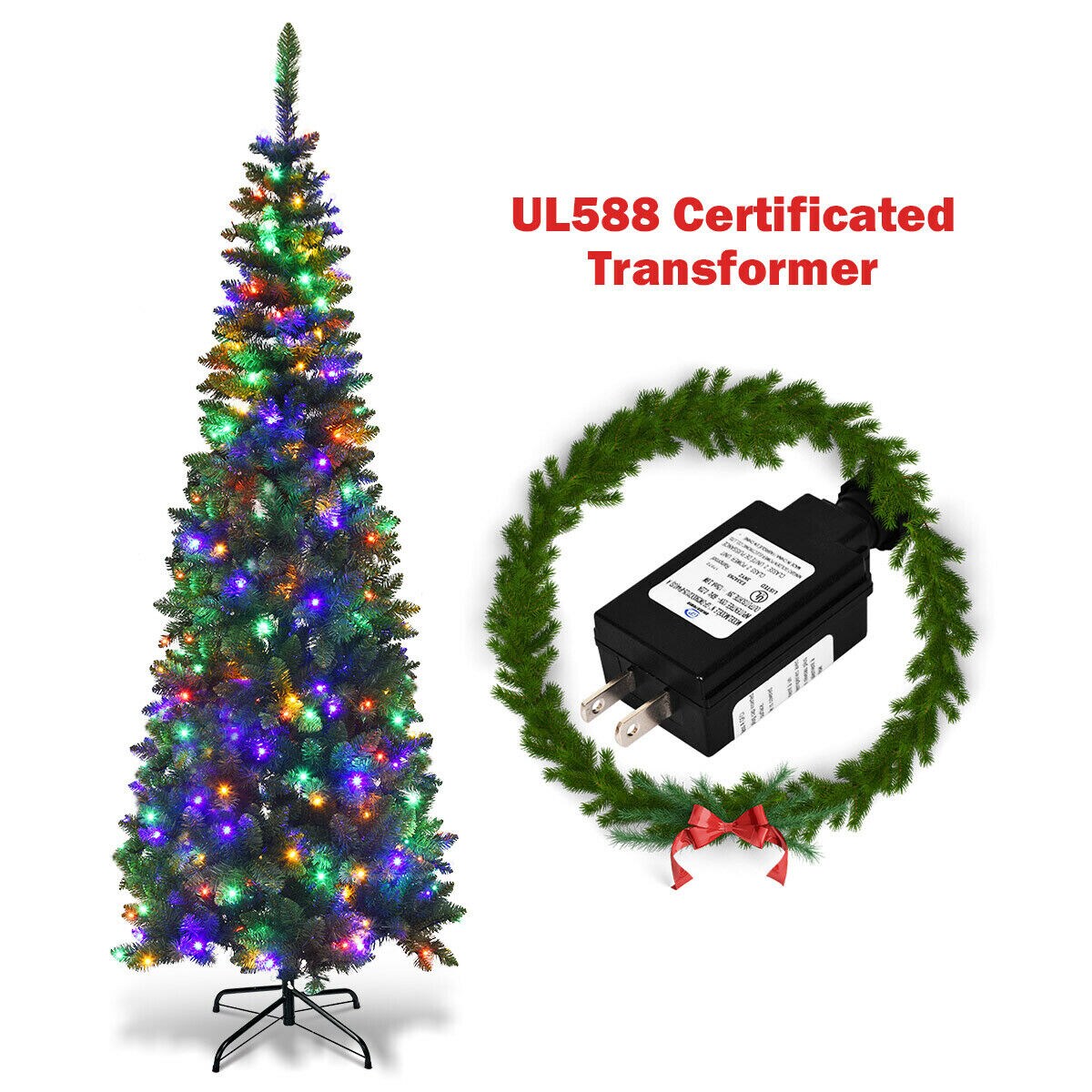 Green PVC Pencil Christmas Tree with LED Lights, Iron Stand and Hinged Design