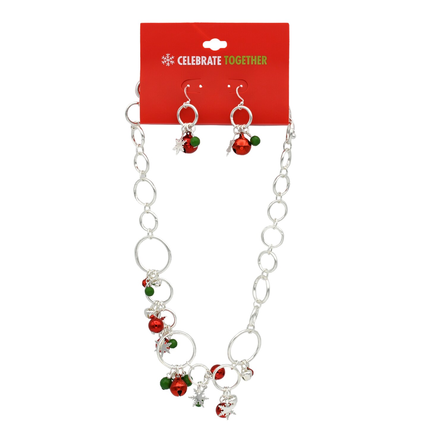 Snowflake & Jingle Bells Necklace & Earrings Set, Silver Finish Christmas Holiday Festive Jewelry