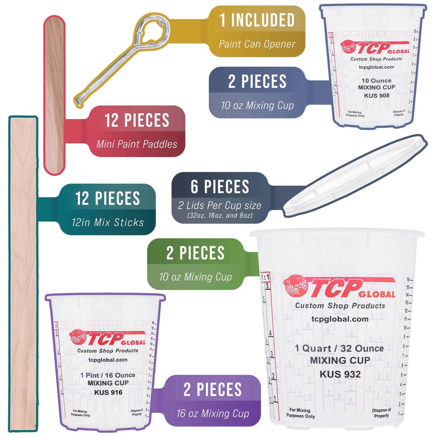 Complete Paint Mixing Kit - 12 Cups with Lids, Mixing Sticks, Paddles, Strainers - Epoxy Resin Measuring Cups, Plastic Paint Cup Containers for Automotive &#x26; Art Projects