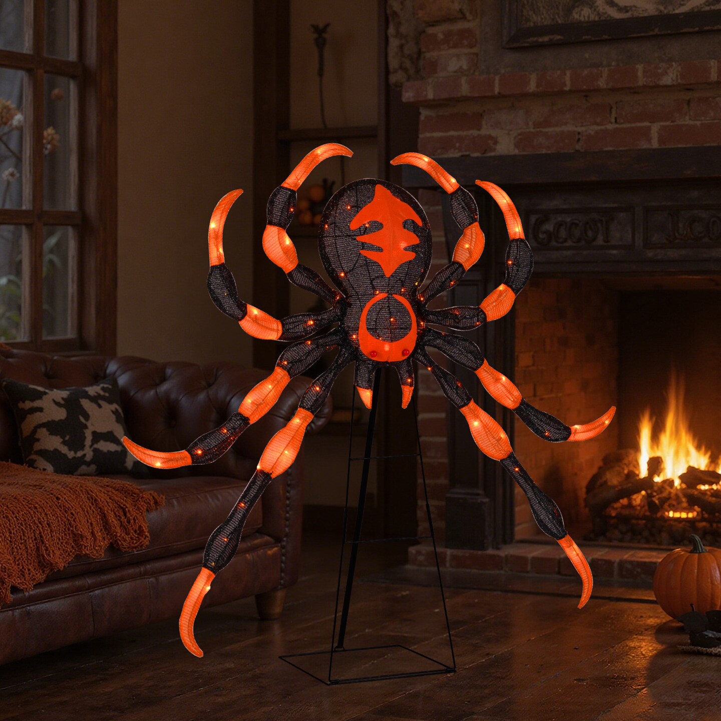 Orange-Black LED Metal Fabric Spider with Flickering Lights &#x2013; 52 inches Halloween Decor