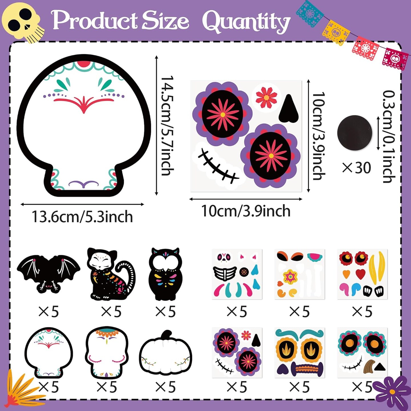 DIY Day of The Dead Magnet Craft Kit - 30 Set Make Your Own Dia de Los Muertos Sugar Skull Decoration Sticker Craft Halloween Mexican Festival Party Supply Kid Art Project Bulletin Board Decor