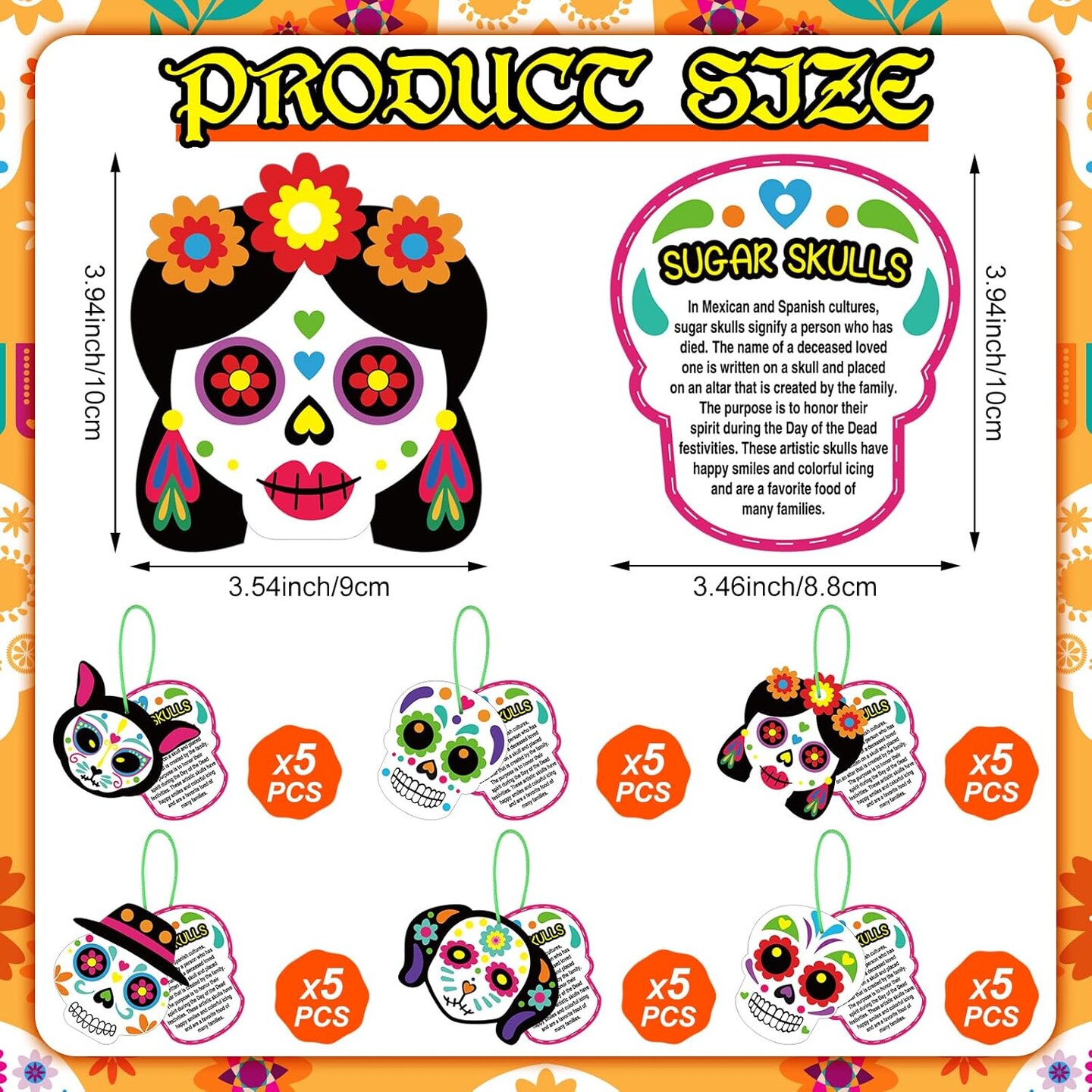 30 Sets Day of The Dead Sugar Skull Craft Kit Dia De Los Muertos Hanging Sign Ornament with Rope Make Your Own Sugar Skull Craft for Halloween Mexican Party Home Decorations Supplies