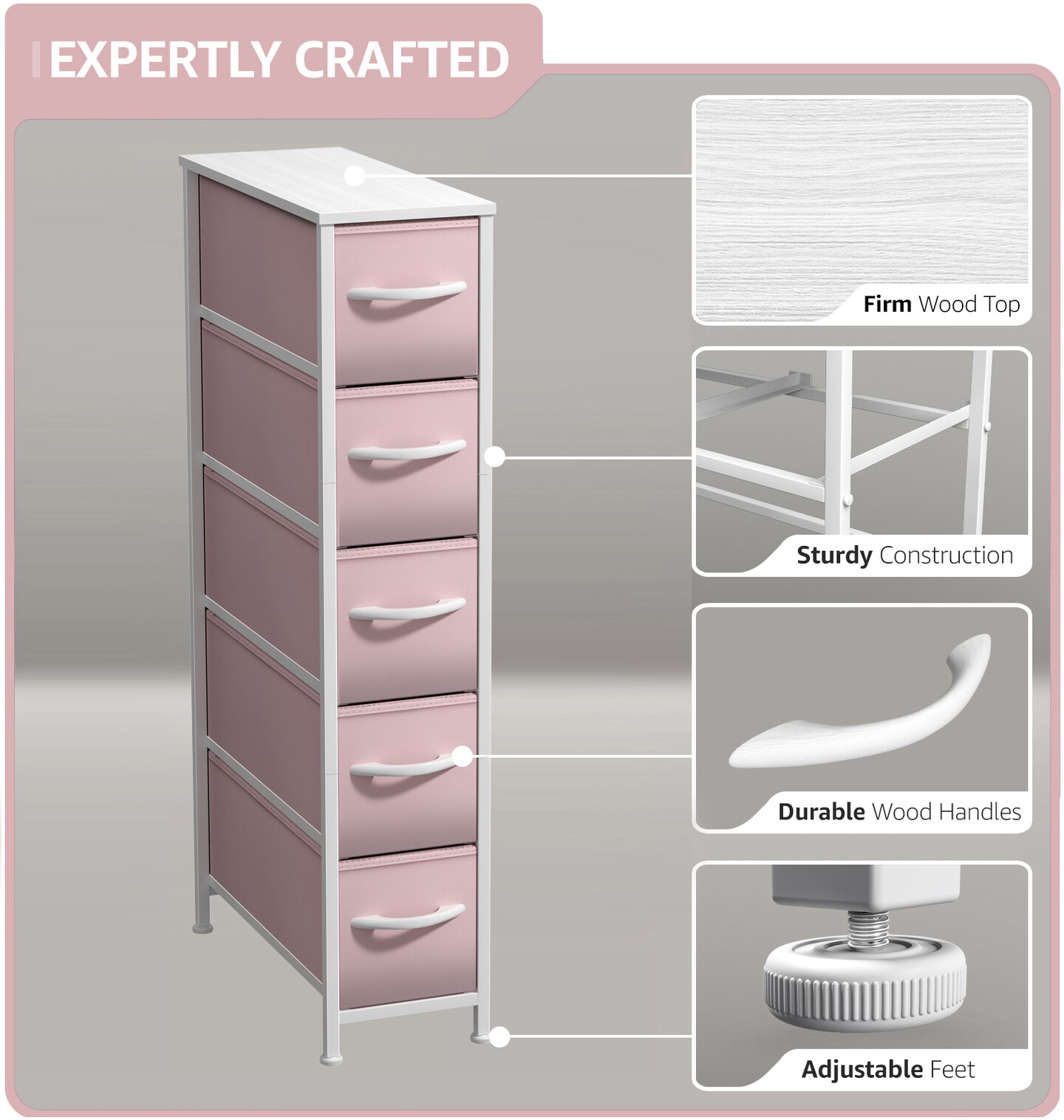 Sorbus Narrow Dresser with 5 Drawers - Steel Frame, Wood Top & Easy Pull Fabric Bins